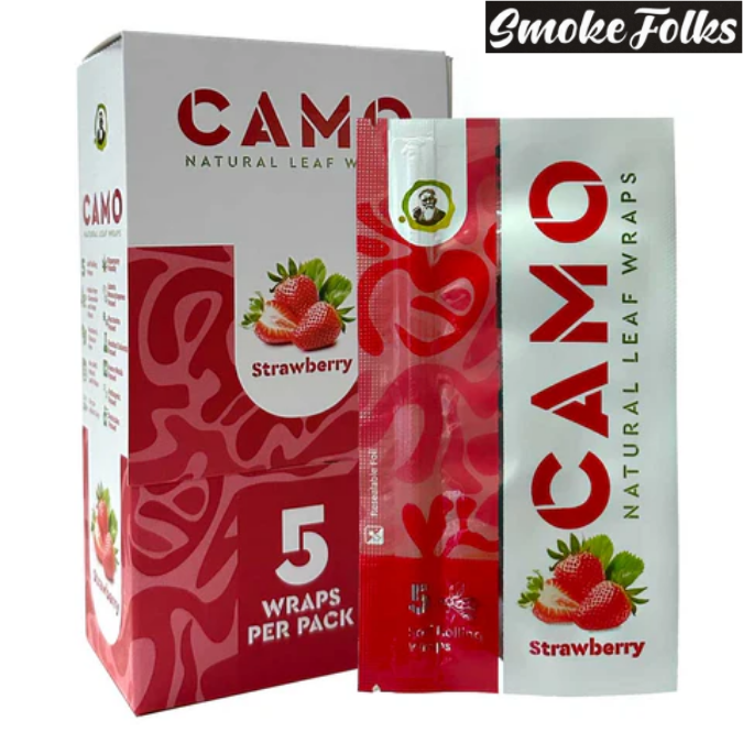 CAMO Self-Rolling Natural Leaf Wraps | 125mm Strawberry Flavor | Full Box of Premium Rolling Papers for Smooth, Flavorful Smoking Experience