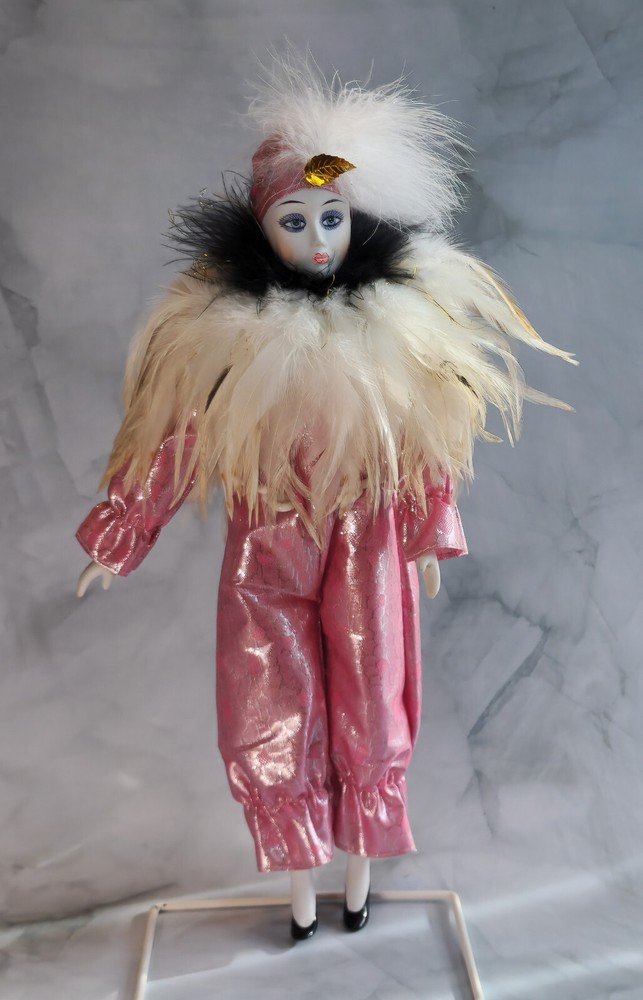 Vintage Harlequin Porcelain Doll in Pink Metallic Jumpsuit with Feather Accents