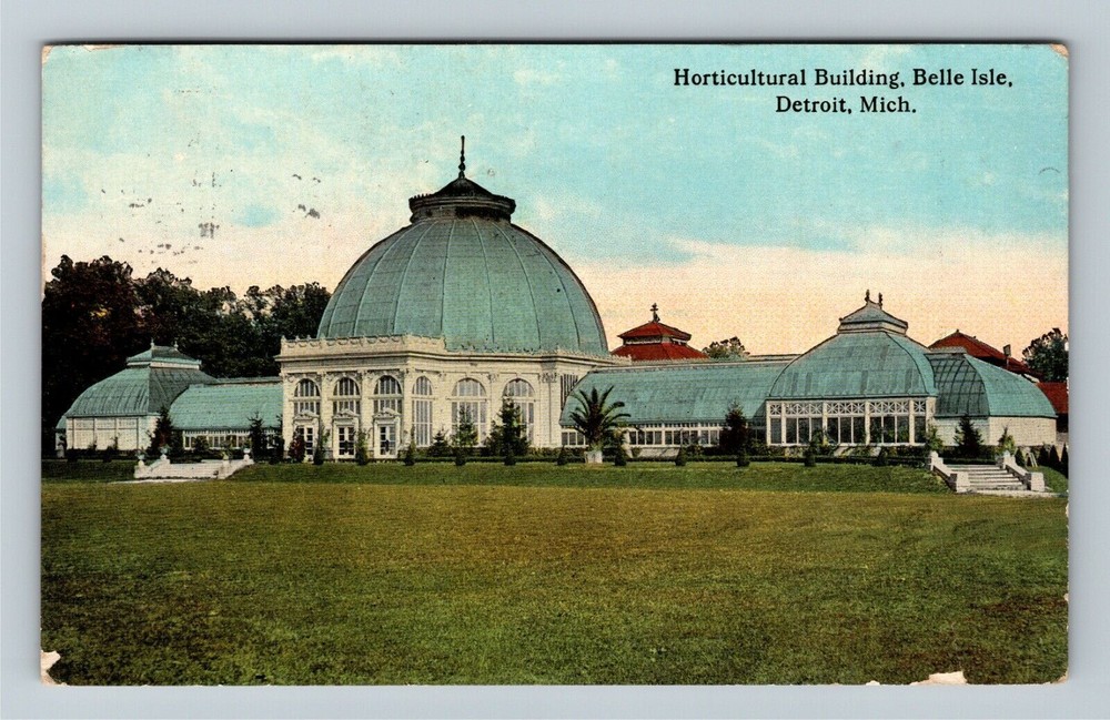 Detroit MI Belle Isle Horticulture Building Vintage 1914 Postcard