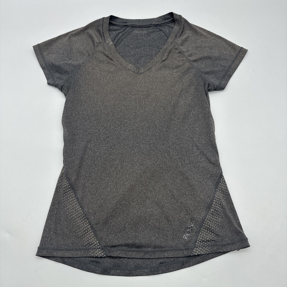 Reebok T-Shirt Women XS Gray Solid Logo V- Neck …#21446