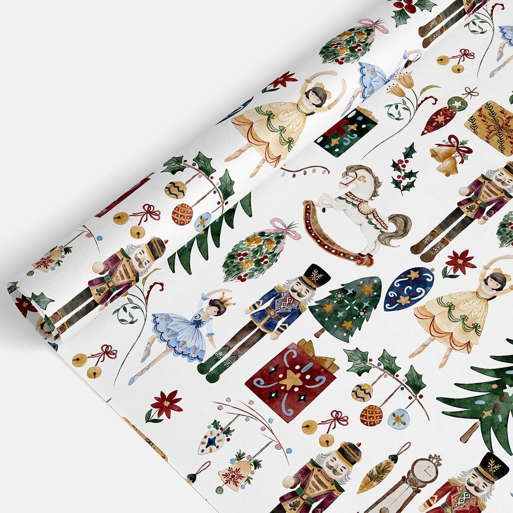 Christmas Wrapping Paper -Mini Roll- 17 Inch x 32.8Ft Nutcracker Gift White