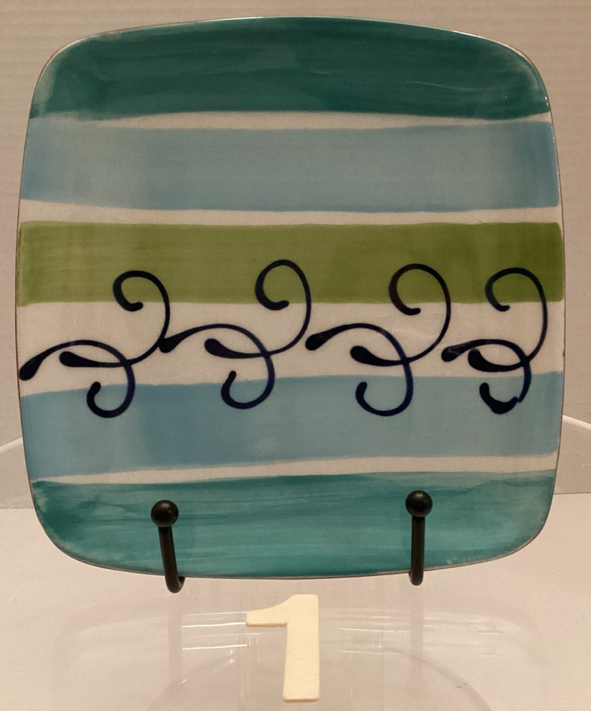 {5} Crate And Barrel Lago Appetizer Plates Square 6.75” Blue Green Striped Plate