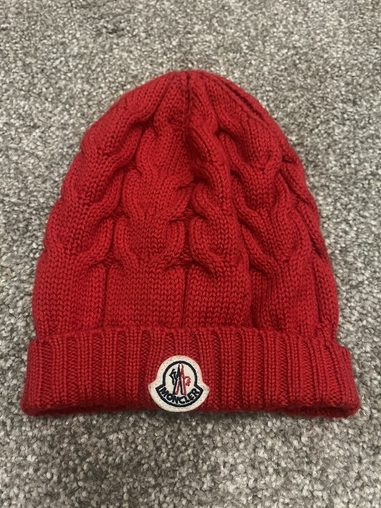 Moncler Kids Red Cable Knit Wool Beanie Hat Size Small