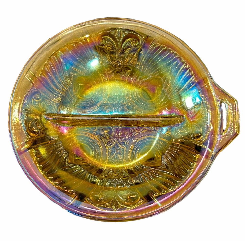 Vintage Carnival Glass Marigold Divided Candy Nut Bowl Indiana Depression Era  