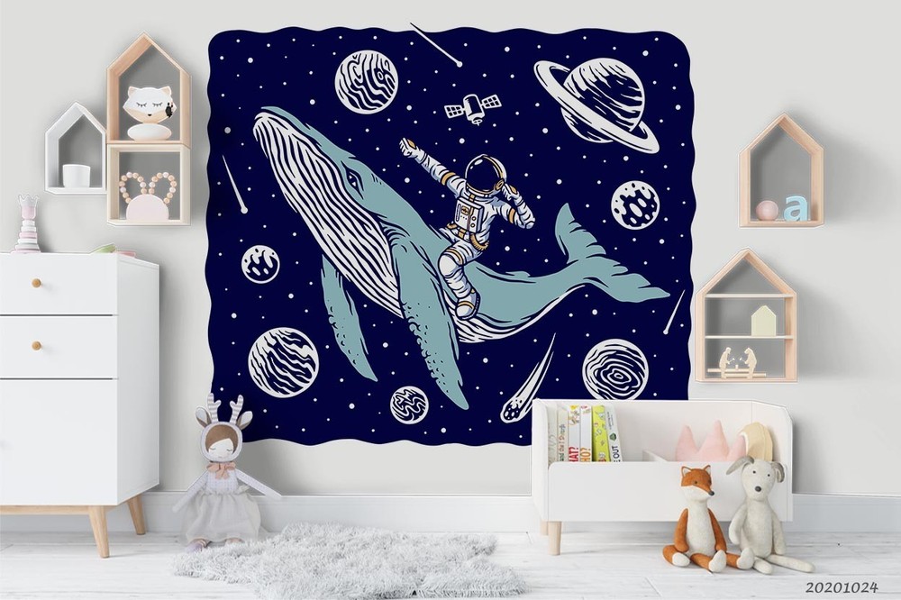 3D Whale Astronaut Planet Illustration Wall Murals Wallpaper Murals Wall Sticker