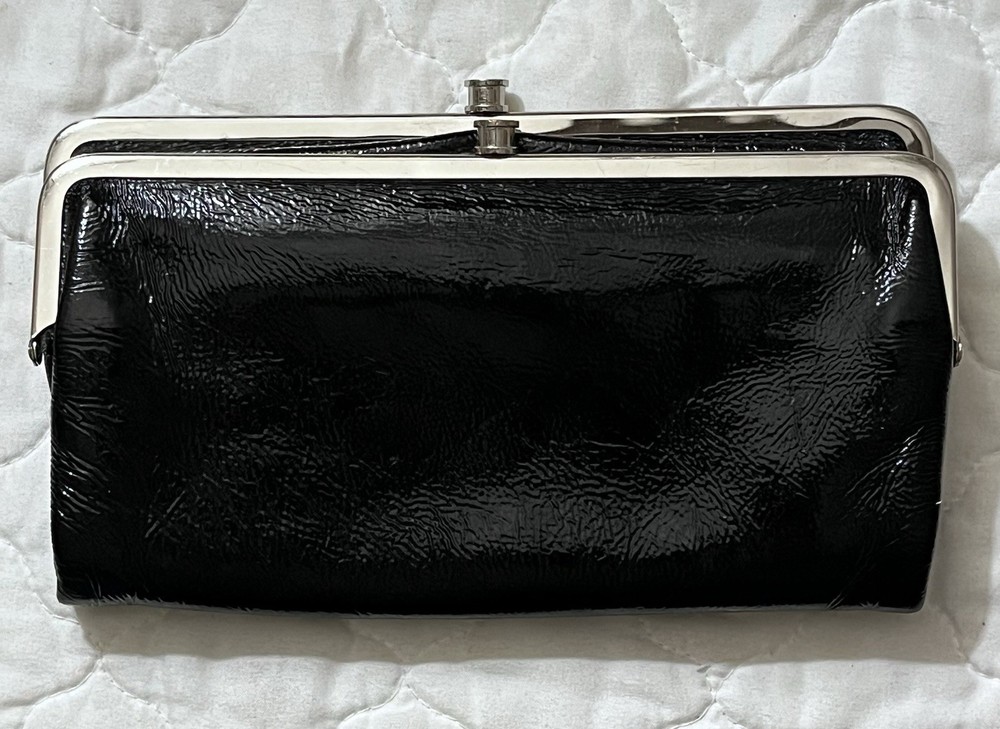 Hobo International black double kiss lock wallet, scroll pattern, zipper, women