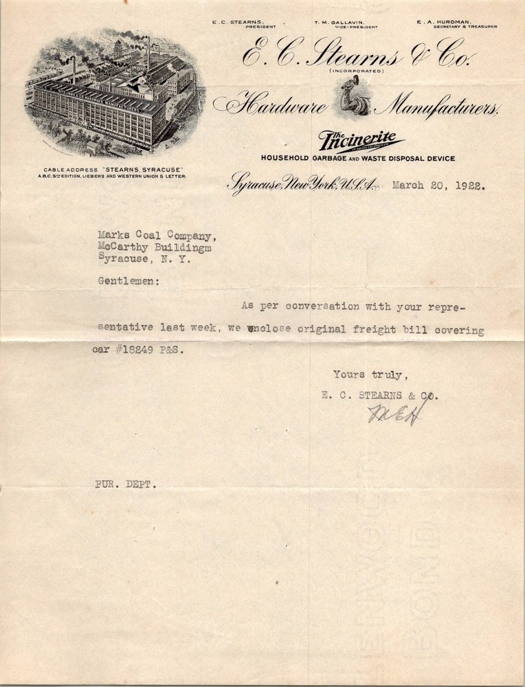1922 E.C. Stearns & Co. Syracuse NY Hardware Letterhead Ephemera