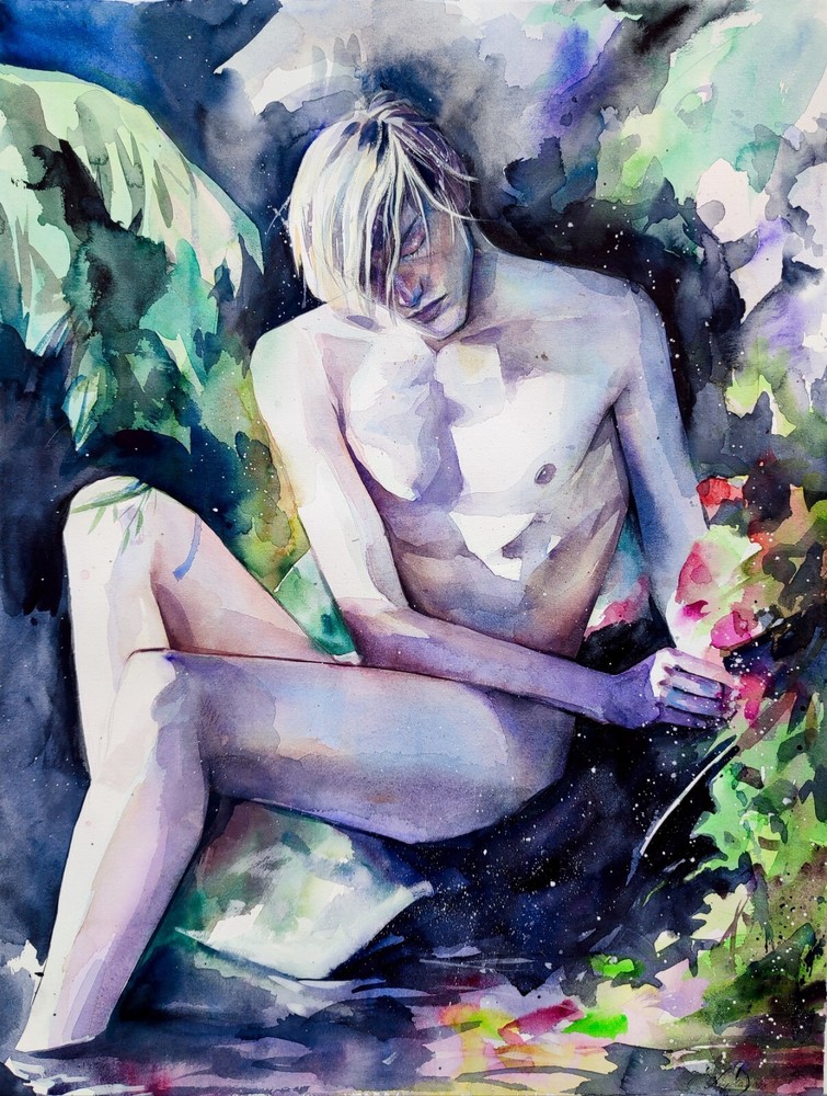 Original Watercolor Painting Male Body Painting Man Fantasy Wall Art