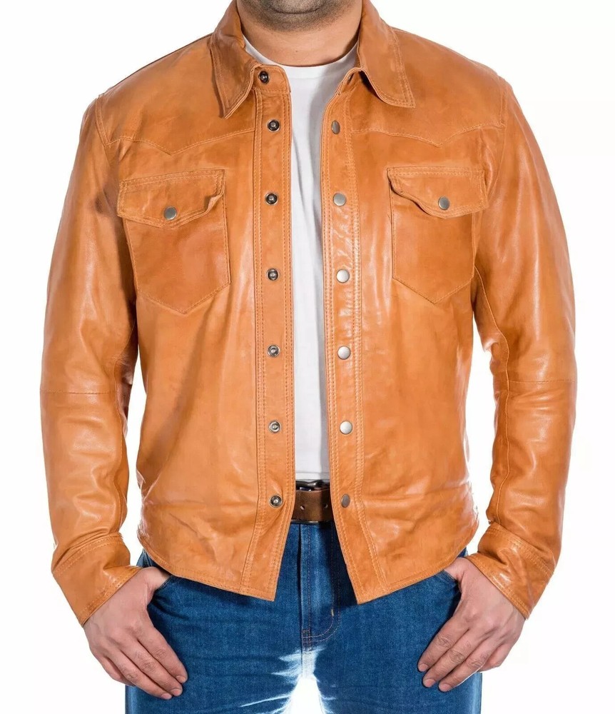 New Men's Tan 100% Genuine Lambskin Coat Soft Leather Formal Shirt Style Jacket