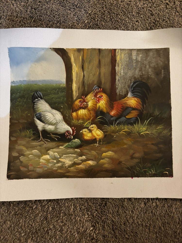 Chickens Bird Real Oil Painting On Canvas Background 9”x11”