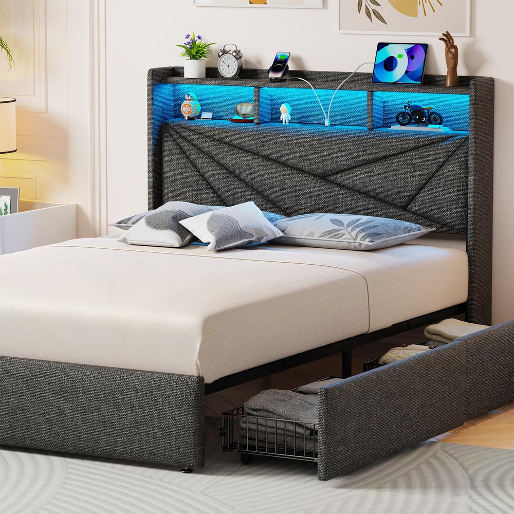 Driftalia Queen Bed Frame with 4 Storage Drawers, Upholstered Bed Frame Queen...
