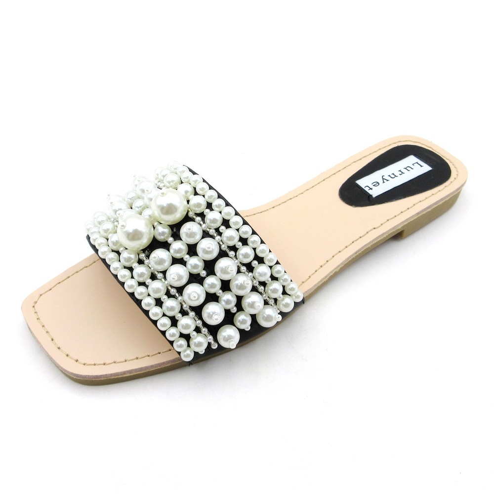 Lurnyet Women's Pearl Embellished One Band Flat Sandal for Outdoor Casual