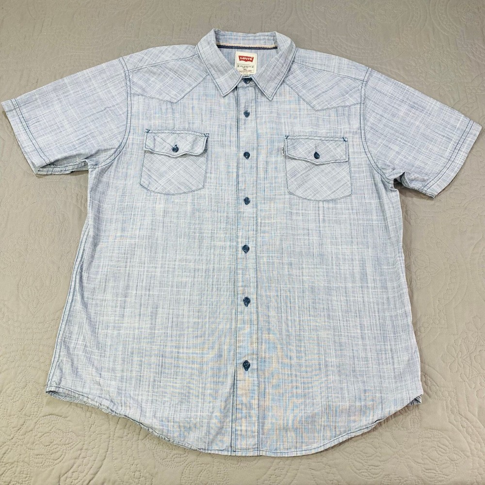 Levis Shirt Mens X Large Button Short Sleeve Blue White Tab Modern Flap Pocket