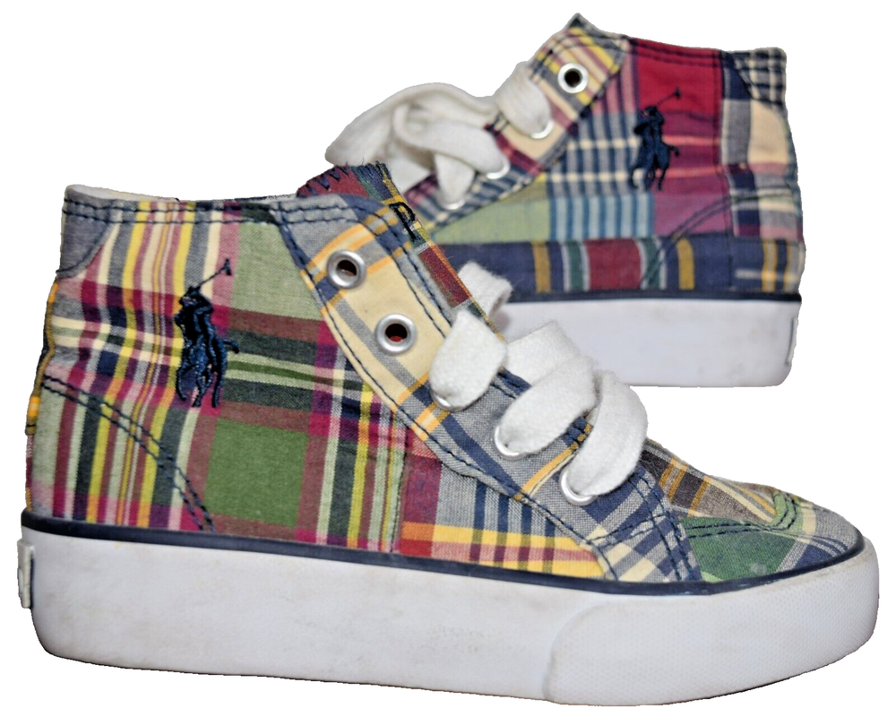 Polo Ralph Lauren Kids Shoes Size 8 High Top Sneakers Lace-Up Plaid Canvas Child