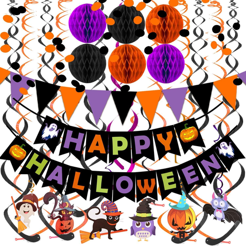 Halloween Triangle Banner Bunting with Black Orange Purple Circles  
