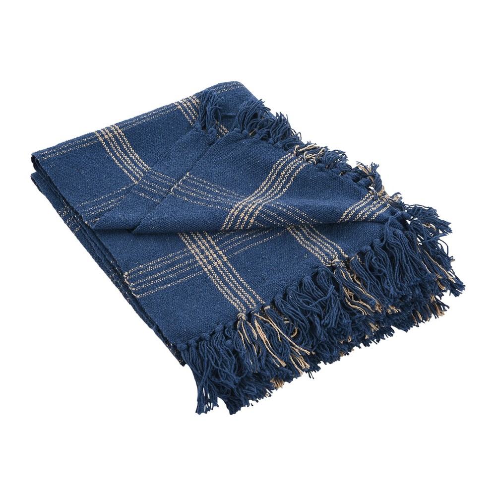 Eco-Friendly Blue Plaid Fringe Throw Blanket - Recycled Cotton Blend  