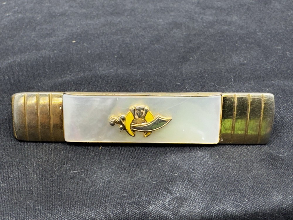 Vintage 50s Goldtone Masonic Shriners Tie Bar with Mother of Pearl
