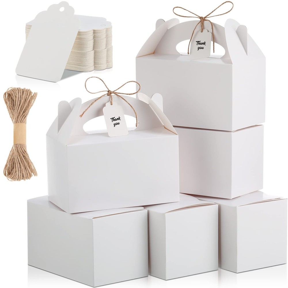 100 Pack Gable Boxes White Party Favors Boxes with Handles for Treat Candy Go...
