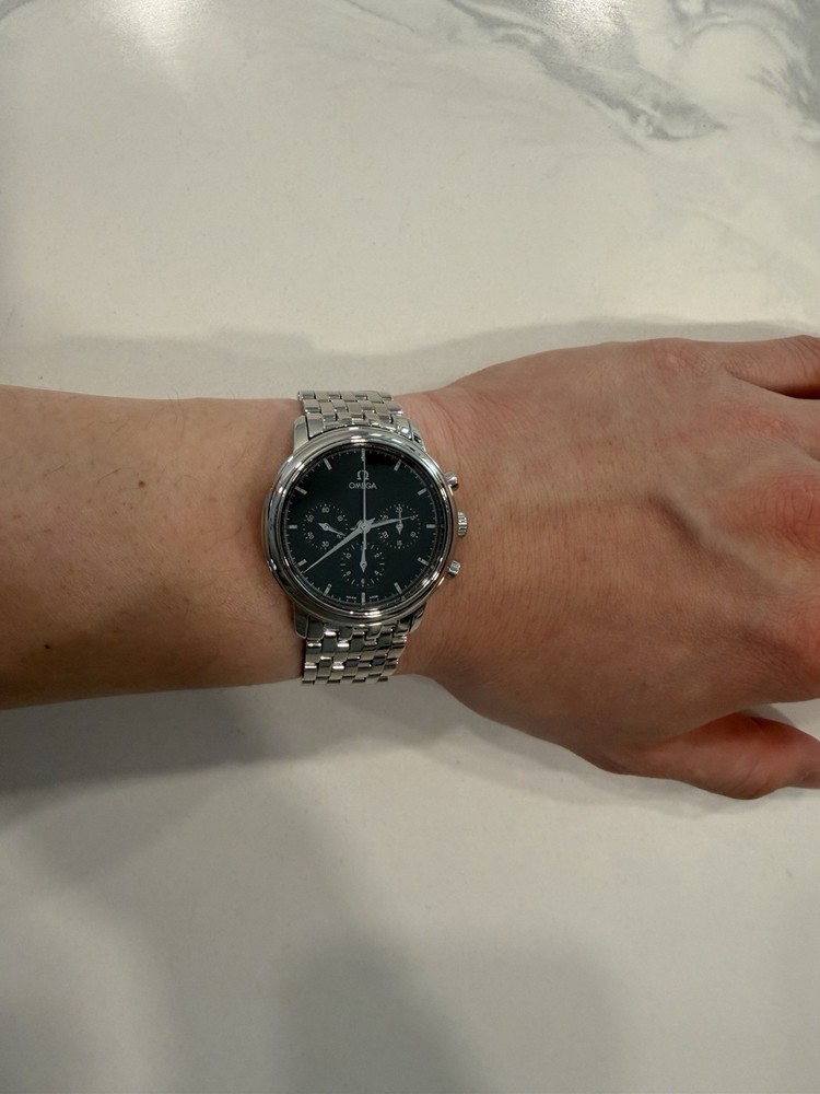 OMEGA Stainless Steel Chronograph Wristwatch Black Dial Silver Bracelet Luxury