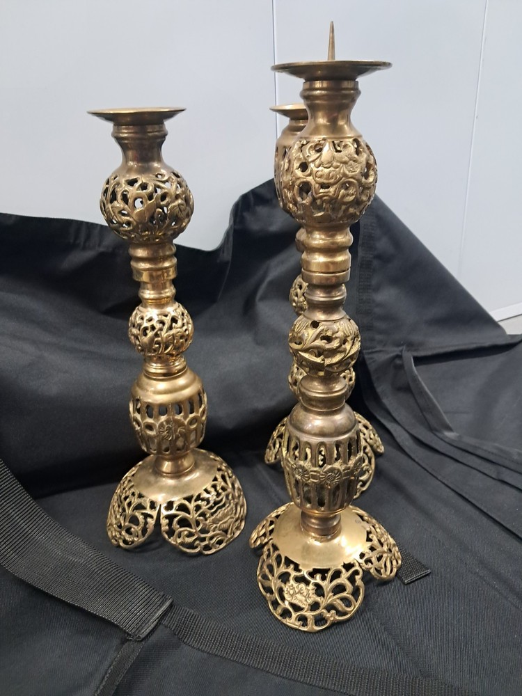 Tall Pierced Vintage Brass Candle Holders Adjustable Filigree - Set of Two