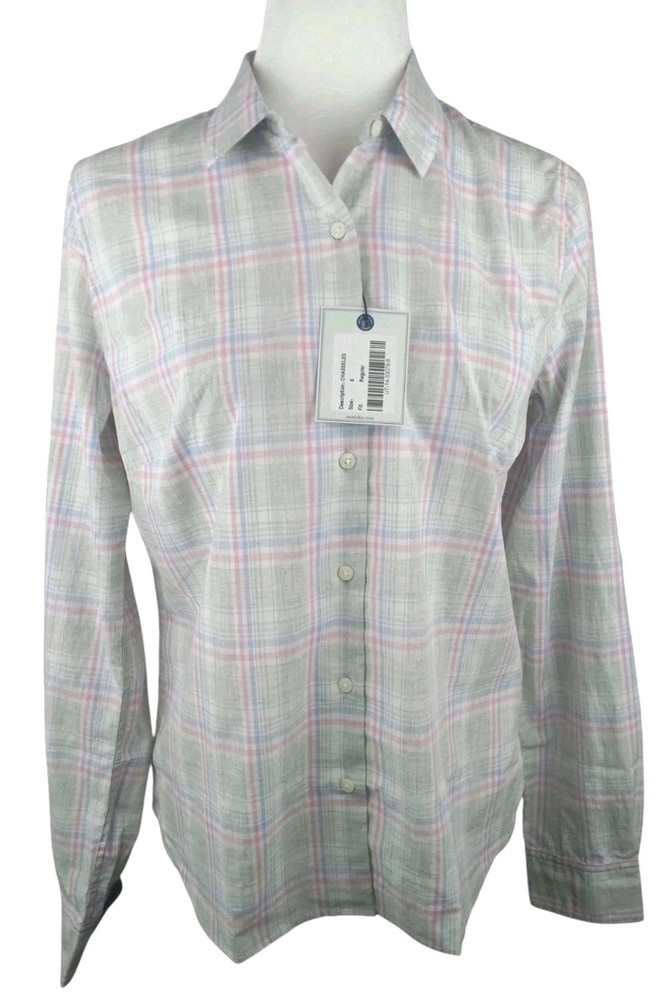 UNTUCKIT Shirt Women 6 Gray Pink Blue Plaid Button Up Top Long Sleeve Preppy