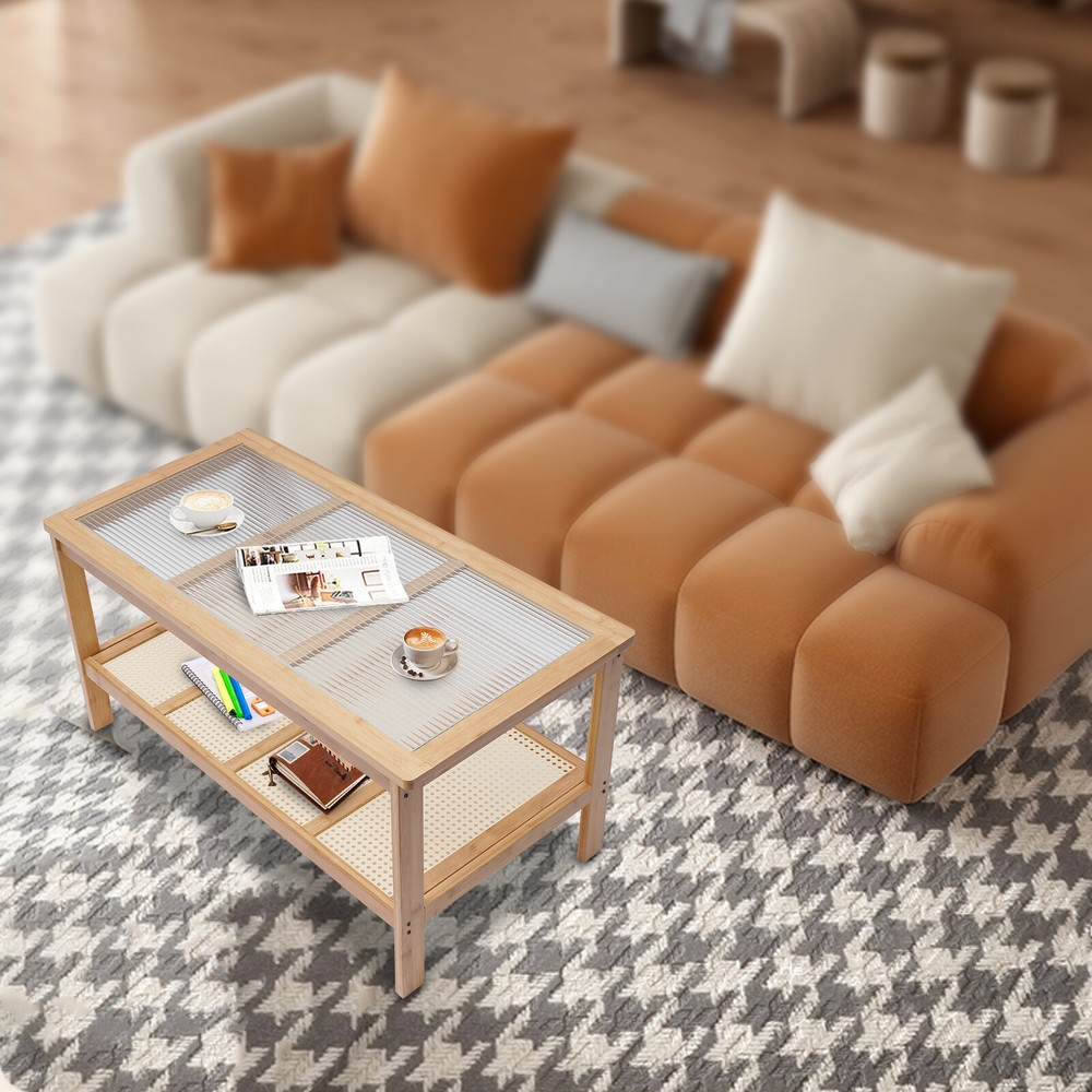 Wood Rectangle Coffee Table 2 Tier Glass Top Table Living Room Furniture Table