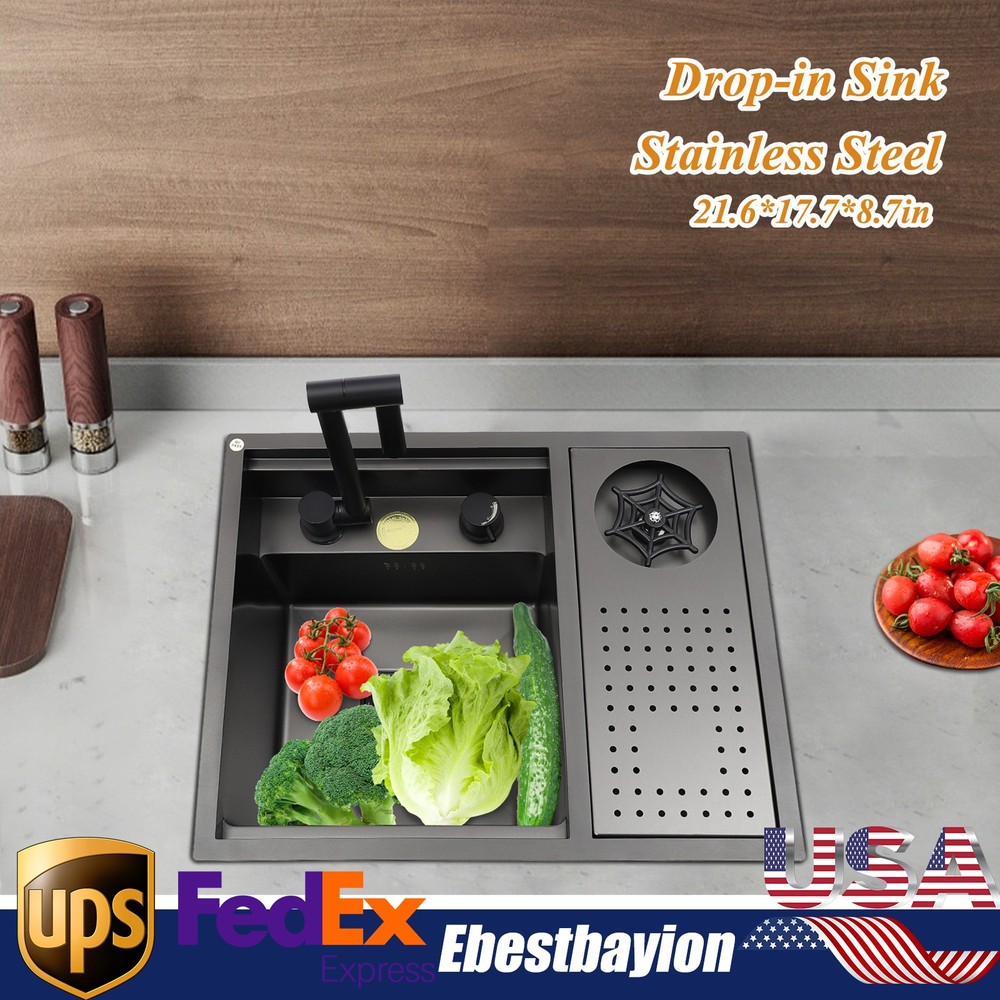 Stainless Steel Single Bowl Drop In Kitchen Sink with Faucet Top Mount