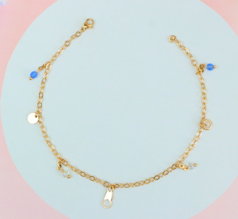 Elegant Rose Gold Anklet with Blue Beads and Pearl Charms, XPAL1180