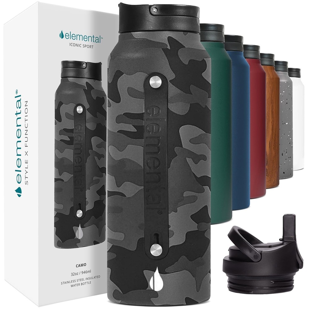 Elemental Iconic Stainless Steel Water Bottle with Straw - 32 oz Leak Proof T...