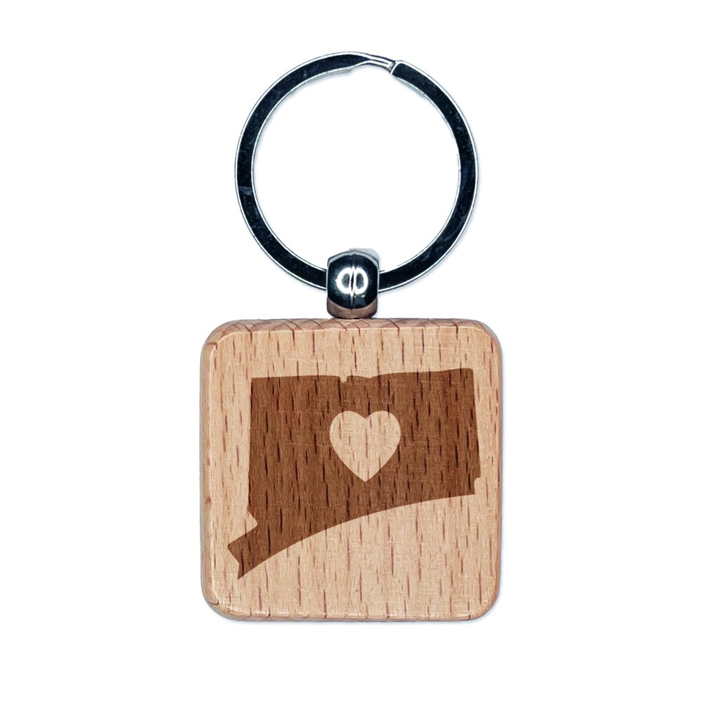 Connecticut State Wooden Heart Engraved Keychain Charm Gift