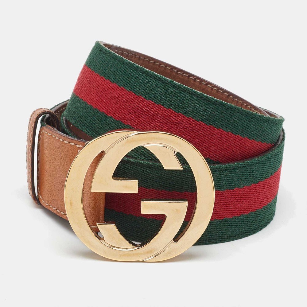 Gucci Tan Green Fabric Leather Web Interlocking G Buckle Belt 85CM