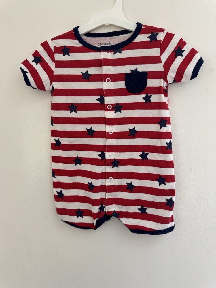Carters Baby Boy Girl Patriotic Star Stripes Snap-Up Short Sleeve Romper Red 12M