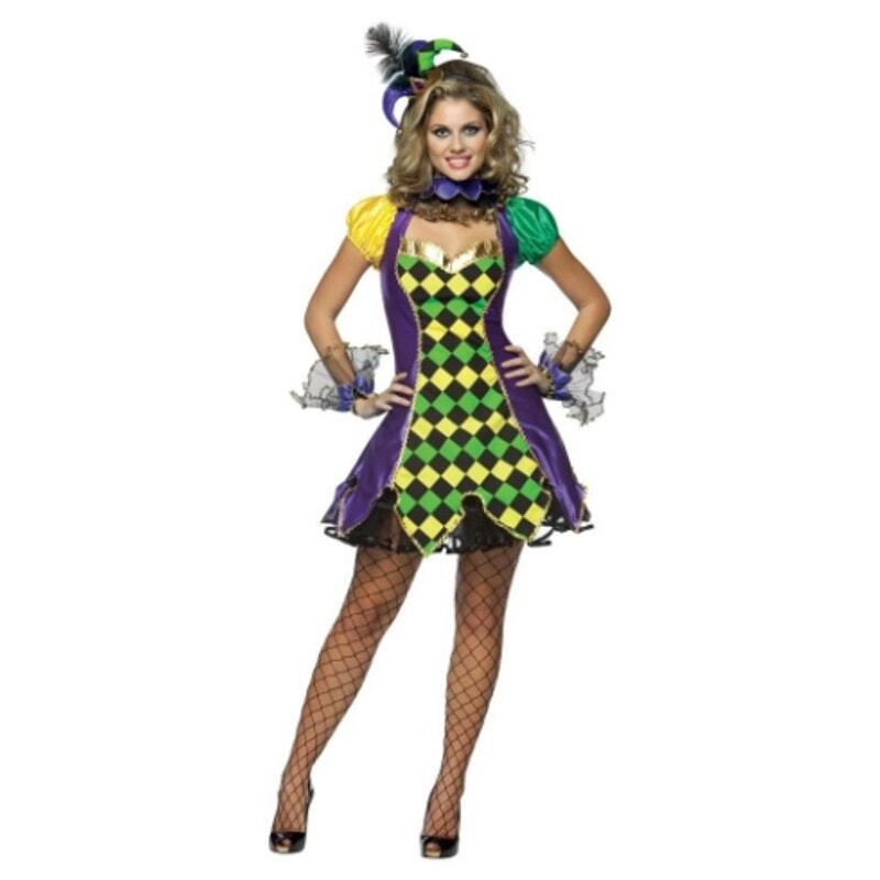 Mardi Gras Jester Women's Mini Dress Costume in Green Yellow Purple Size 4-8