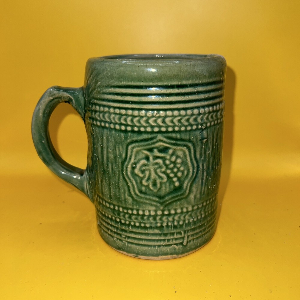 Large Heavy Antique McCoy Pottery Green Grape and Leaf Stoneware Mug