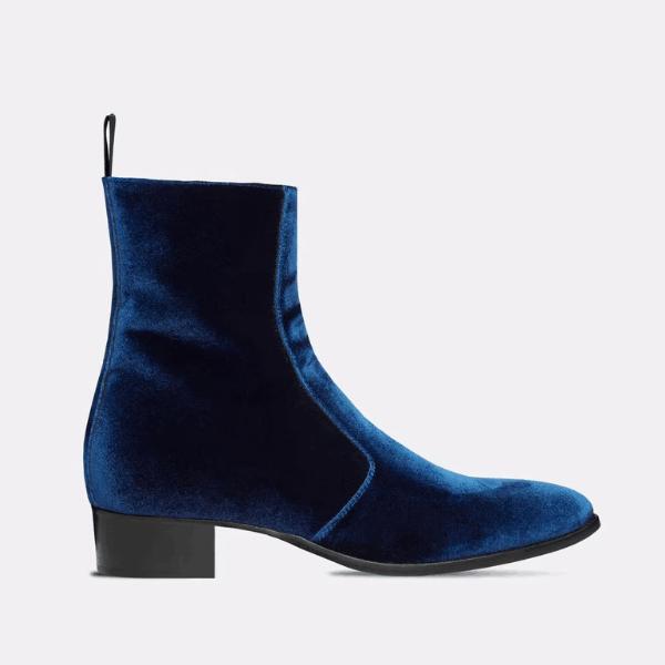 Blue Chelsea Boots Men Pointy Toe Satin Velvet Side Zipper Casual Shoes Oversize
