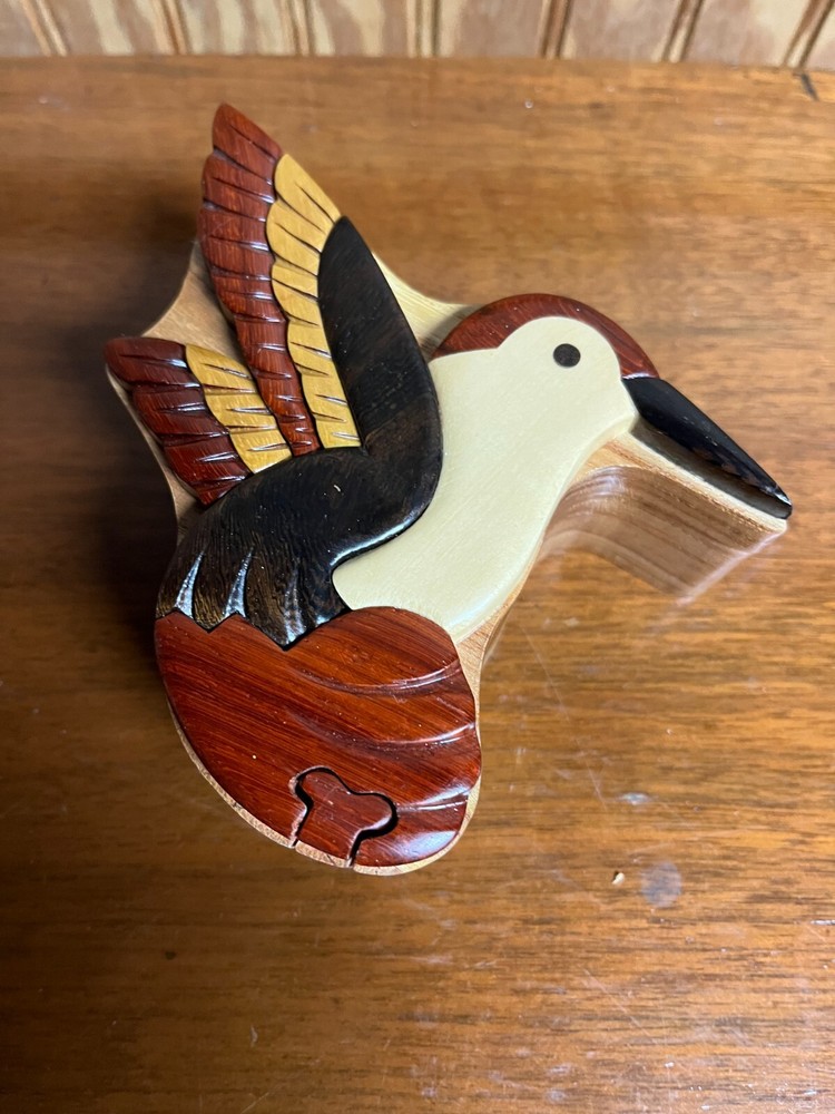 Hummingbird 5-inch Wooden Puzzle Jewelry Box with Secret Compartment  