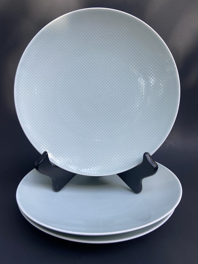 3 Crate & Barrel Salad Plate Nikko Reflection Aqua Squares Made in Japan 8.5”