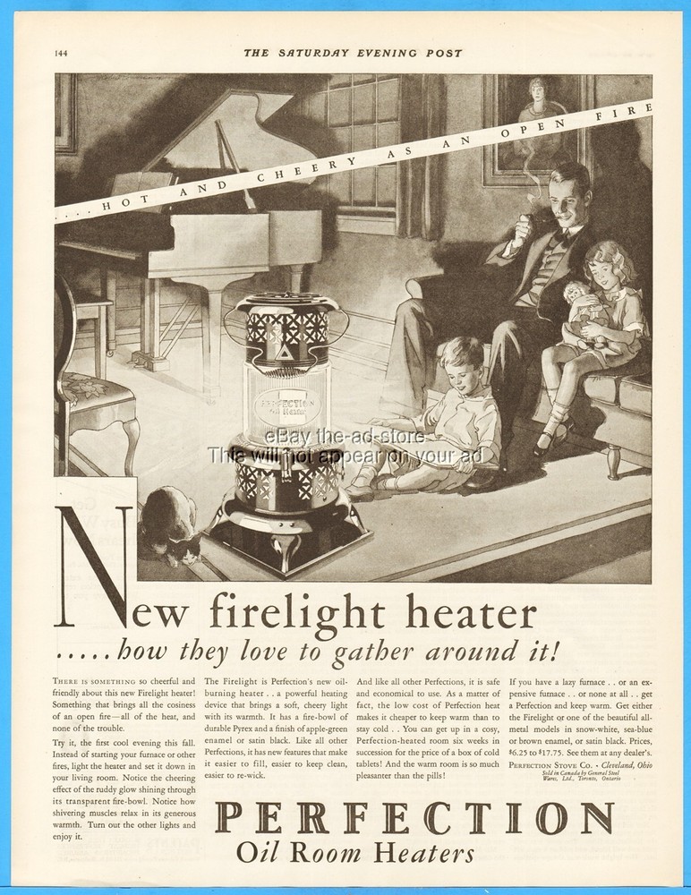 1928 Perfection Firelight Oil Room Heater Vintage Ad 20s Family Art Cleveland OH