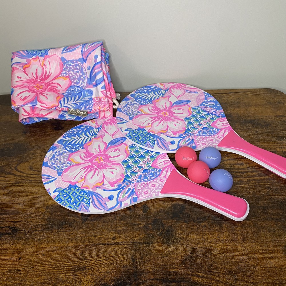 Lilly Pulitzer Paddleball Set Pink Isle Snappy Turtle Floral W/ Bag