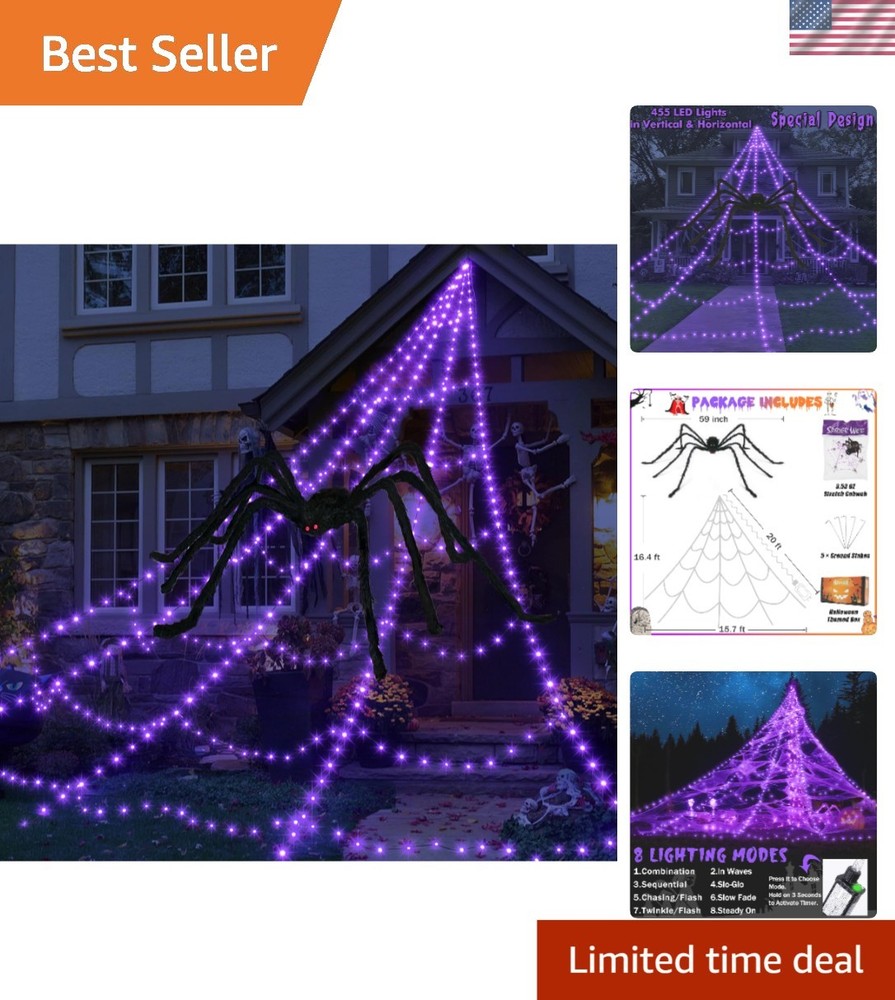 Spooky 455 LED Spider Web Decoration with Large Spider - Timer & Waterproof