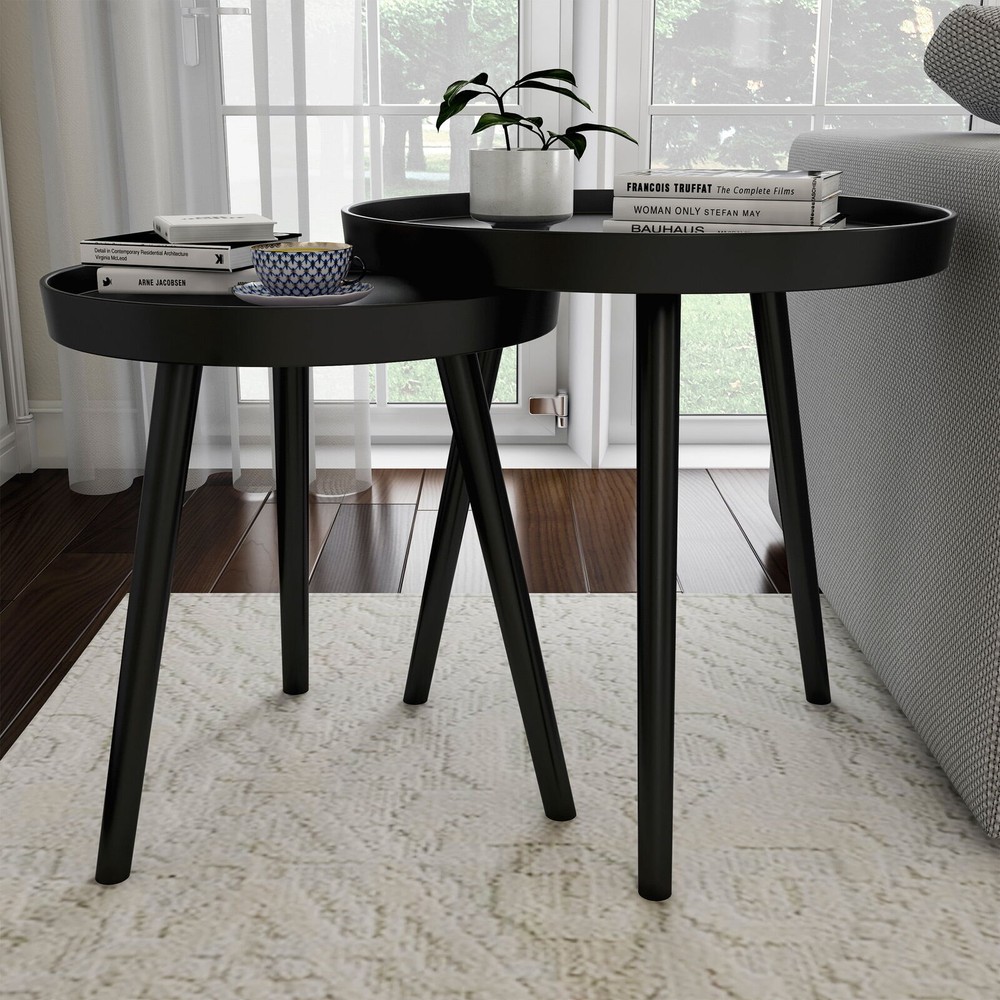 Modern 2-Piece Round End Tables with Storage for Living Room Sofa Side