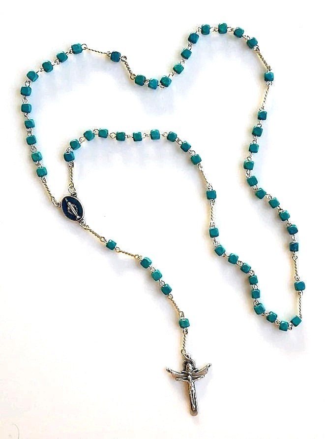 Miraculous (Lady of Grace) Green Square Beads Wood ROSARY with Trinitry Cross