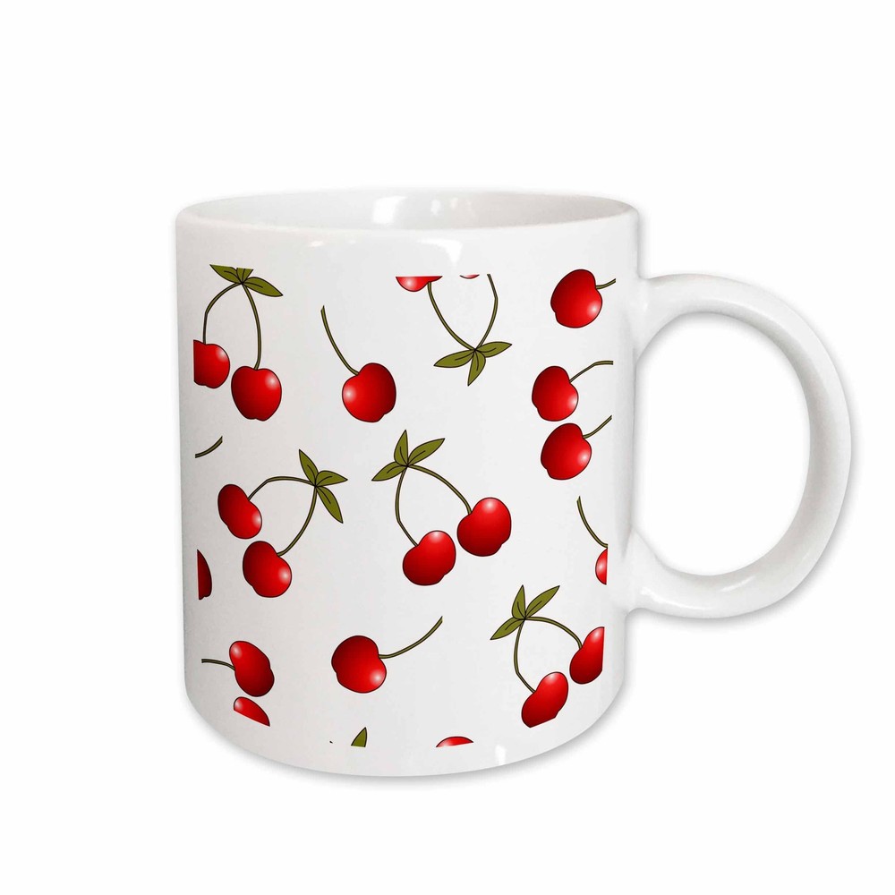 3dRose Cherry Print Juicy Red Cherries on White 15oz Mug