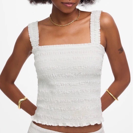 Madewell Poplin Cropped Top Womens L White Cotton Smocked Wide Strap Square Neck