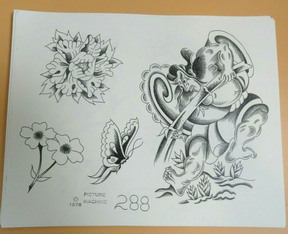 Vintage RARE -1978 Picture Machine Tattoo Flash Sheet 288 Samurai Flowers