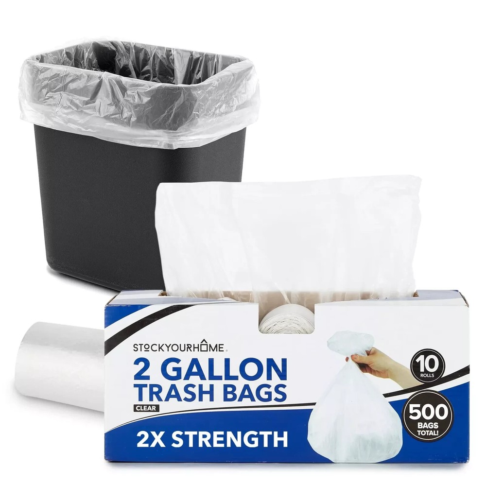 Stock Your Home 2 Gallon Clear Trash Bags 500 Pack - Disposable Plastic Garb...