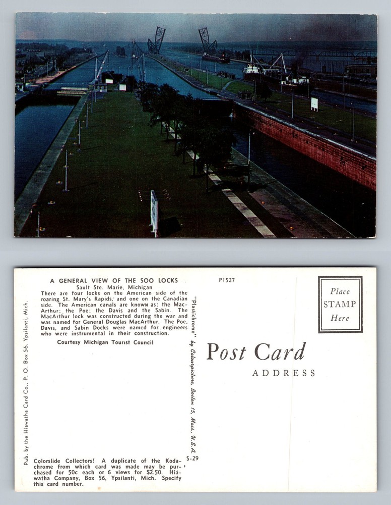 Vintage postcard view of Soo Locks Ship Channel in Sault Ste Marie Michigan