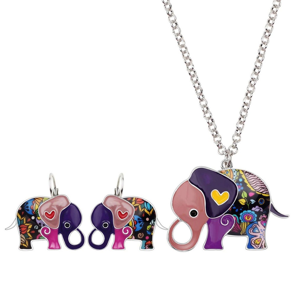 DUOWEI Enamel Cute Anime Elephant Jewelry Sets Elephant Dangle Earrings Neckl...
