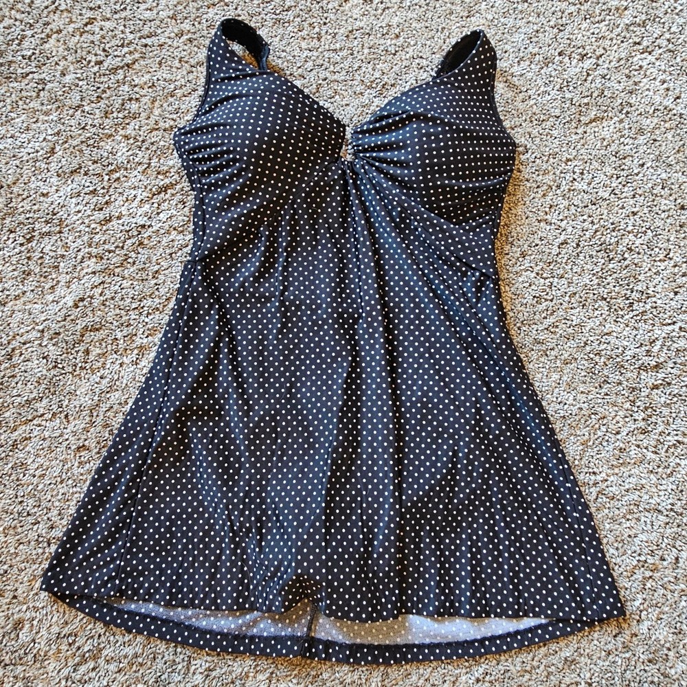 Miraclesuit Polka Dot Swim Dress Size 16W Black White Slimming Tummy Control