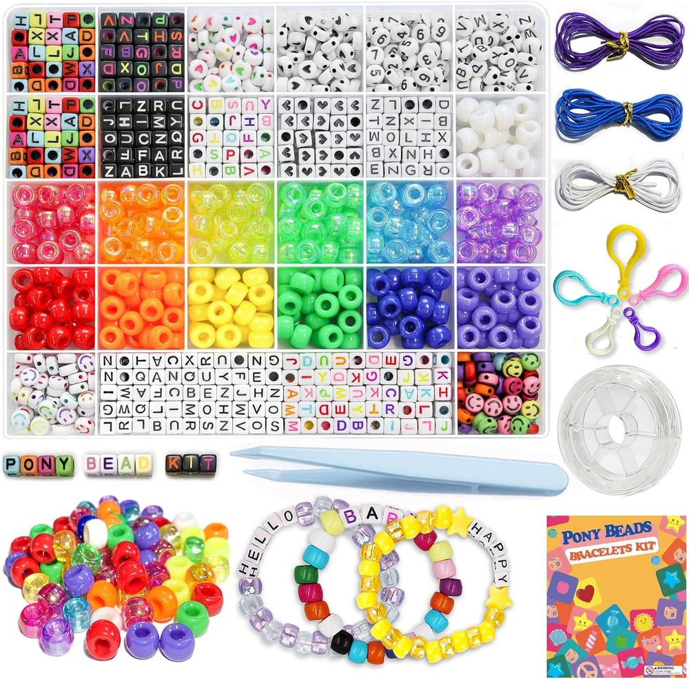 1300 Pcs DIY Kids Friendship Bracelet Kit with Pony Beads for Creative Crafting